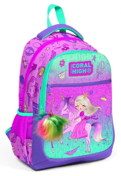 Coral High Üç Gözlü Kız Çocuk İlk ve Orta Okul Çantası - Pembe Yeşil Unicorn ve Prenses ürün görseli 1