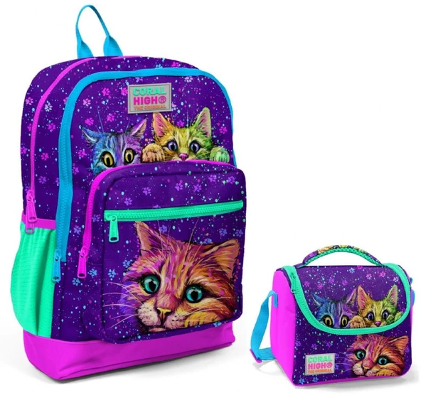 Coral High Mor Kedi Okul Sırt ve Beslenme Çantası Seti ürün görseli 1