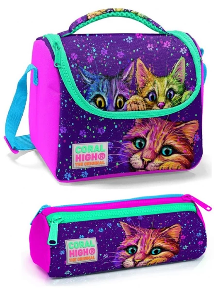 Coral High Pembe Mor Kedi Kız Çocuk Beslenme Çantası Seti ürün görseli 1
