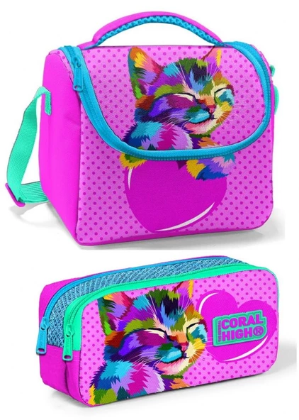 Coral High Mor Pembe Kedi Kız Çocuk Beslenme Çantası Seti ürün görseli 1