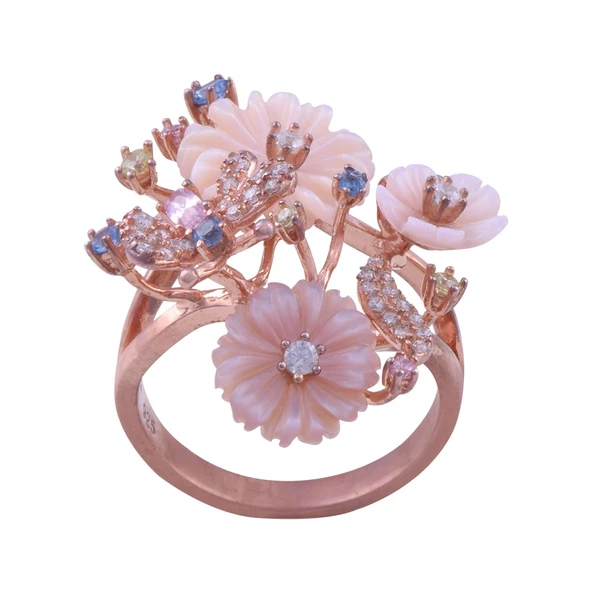 Pembe-Krem Çiçekli Rose Gold Gümüş Yüzük 6.1 Gr ürün görseli 1