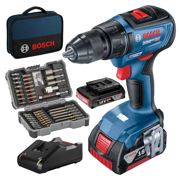 Bosch Professional GSR 18V-50 Çift Akülü 2 Ah Vidalama + 43 Parça Aksesuar Seti - 06019H5004 ürün görseli 1