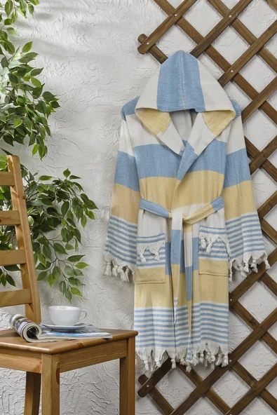 Pamuklu Kapüşonlu Peştemal Bornoz Unisex - Resim 2