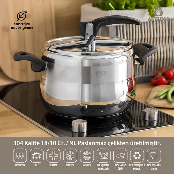 Amboss Amber Klasik Düdüklü Tencere - Paslanmaz Çelik İndüksiyon Tabanlı Siyah Kulp - 8 lt 22 cm ürün görseli 1