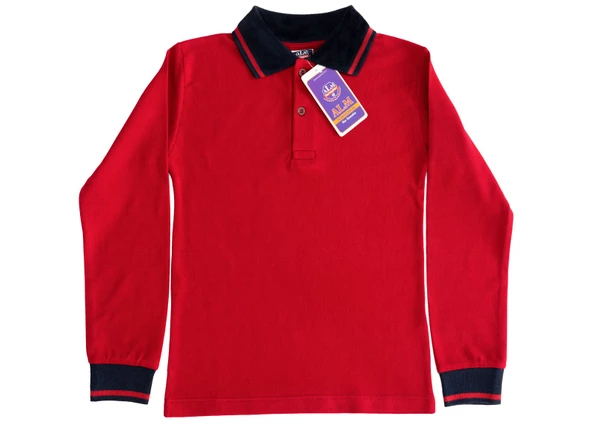 Polo Yaka Tişört çocuk uzun kol siyah çizgi yaka kırmızı  Okul Tişört/t-shirt ürün görseli 1