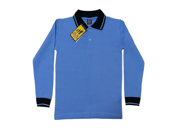 Polo Yaka Tişört çocuk uzun kol siyah çizgi yaka mavi  Okul Tişört/t-shirt ürün görseli 1