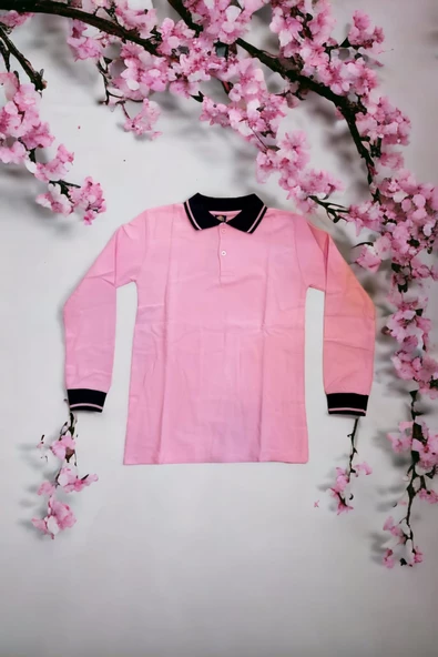 Polo Yaka Tişört uzun kol Siyah çizgi yaka Pembe Okul Tişört/t-shirt ürün görseli 1