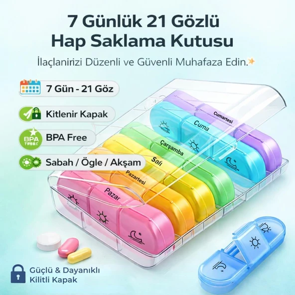 Coofbe Haftalık İlaç Saklama Kutusu 21 Gözlü Kilitli Kapaklı Hap İlaç Vitamin Saklama Kutusu Kabı ürün görseli 1