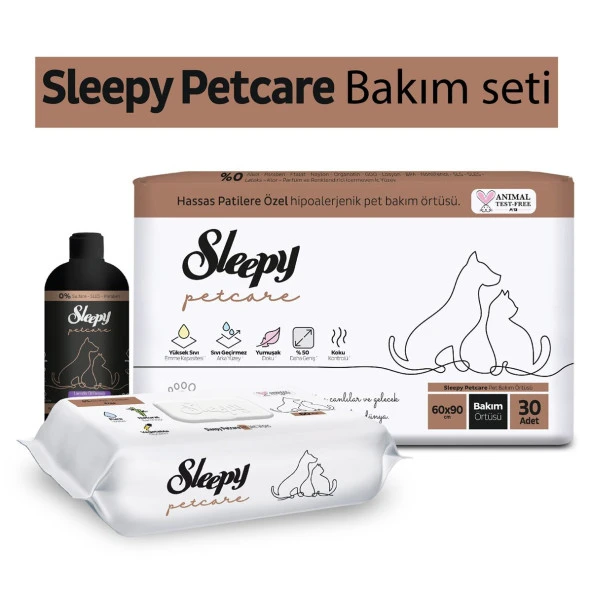 Sleepy Petcare Bakım Seti ( 30'lu Pet Bakım Örtüsü + 60 Yaprak Islak Havlu + 500 ml Şampuan ) ürün görseli 1