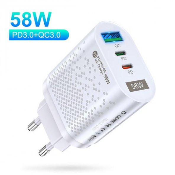 Uslion USB / 2 Type-C Girişli Pd 58W Uslion Quick Charge Hızlı Şarj Başlığı Adaptör ürün görseli 1