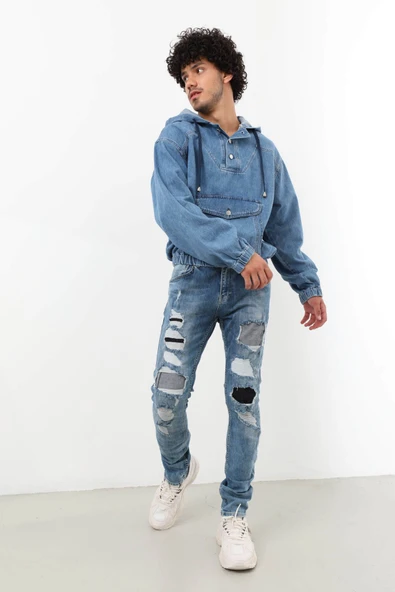 Erkek Jean Sweatshirt Mavi - Resim 2
