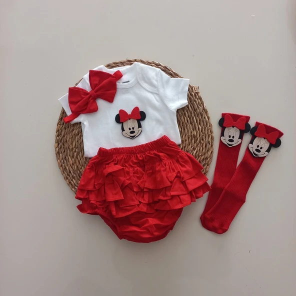 MARS BABY Kız Bebek Kırmızı Minnie'li Fırfır Şort Etek Bodyli Çorap Takımı ürün görseli 1