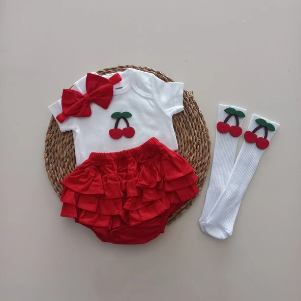 MARS BABY Kız Bebek Kırmızı Kiraz Fırfır Şort Etek Bodyli Çorap Takımı ürün görseli 1