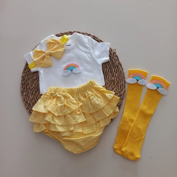 MARS BABY Kız Bebek Sarı Gökkuşaklı Fırfır Şort Etek Bodyli Çorap Takımı ürün görseli 1