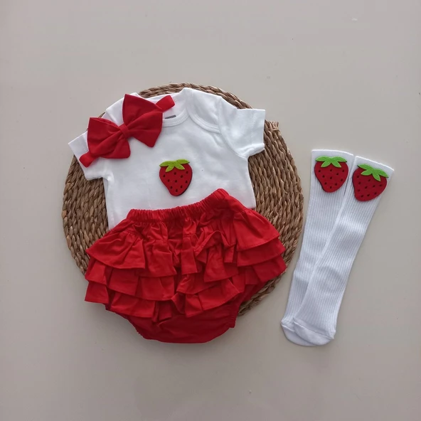 MARS BABY Kız Bebek Kırmızı Çilek Fırfır Şort Etek Bodyli Çorap Takımı ürün görseli 1