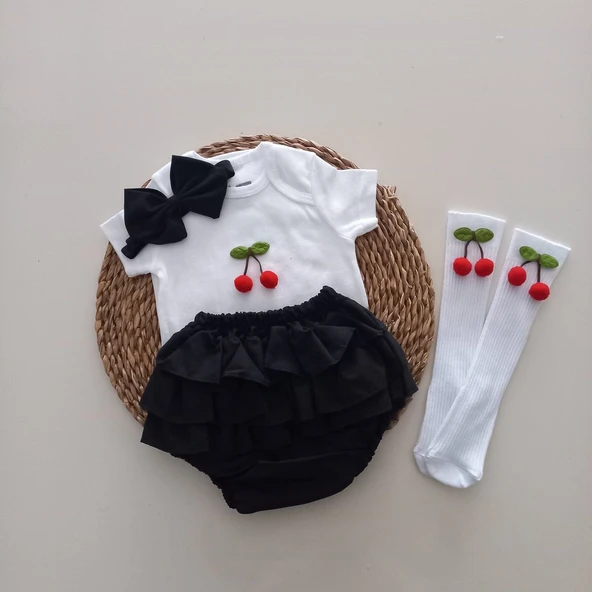 MARS BABY Kız Bebek Siyah Ponpon Kiraz Fırfır Şort Etek Bodyli Çorap Takımı ürün görseli 1