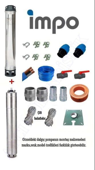 Impo Sk 404/27 3HP Technoplast Başlıklı  80 MT Yassı Kablolu ve Panolu 160 mt Halatlı Çift Vanalı Akıtma Başlıklı Trifaze Takım Dalgıç Pompa ürün görseli 1