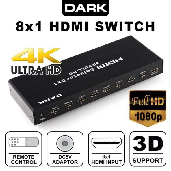 DK-HD-SW8X1 8 Giriş 1 Çıkışlı Uzaktan Kumandalı Full Hd HDMI Switch ürün görseli 1