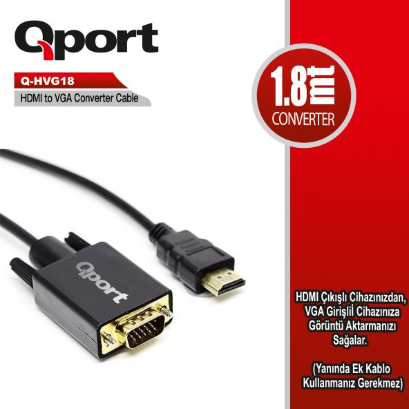 QPORT (Q-HVG18) HDMI TO VGA CEVIRICI 1.8M KABLO ürün görseli 1