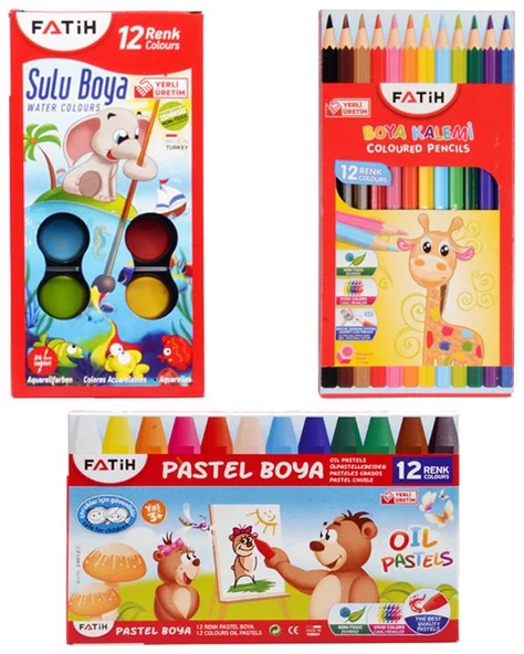 Fatih 3lü Boyama Seti Kuru Boya Sulu Boya Pastel Boya ürün görseli 1