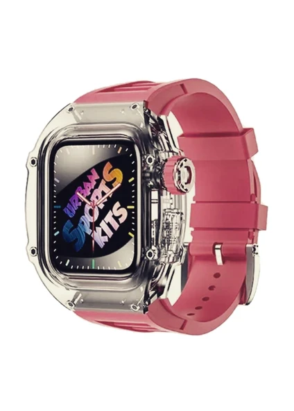 Apple Watch Uyumlu 45mm Rugged Şeffaf Kasa Profesyonel Koruyucu ve Silikon Kordon Gül Kurusu ürün görseli 1