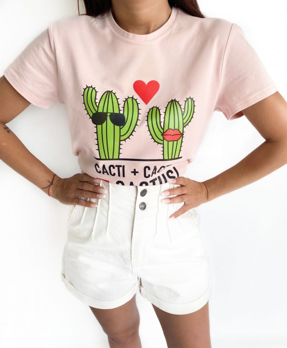 Kadın Baskılı Basic Tişört Toz Pembe - Resim 3