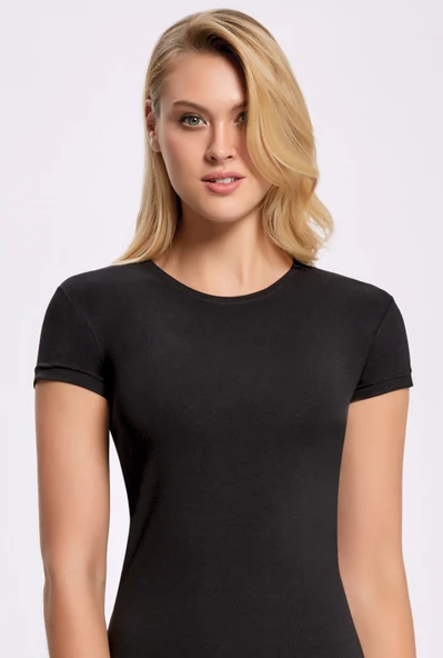 Likralı Yuvarlak Yaka Kadın T-shirt  3 Adet Siyah ürün görseli 1