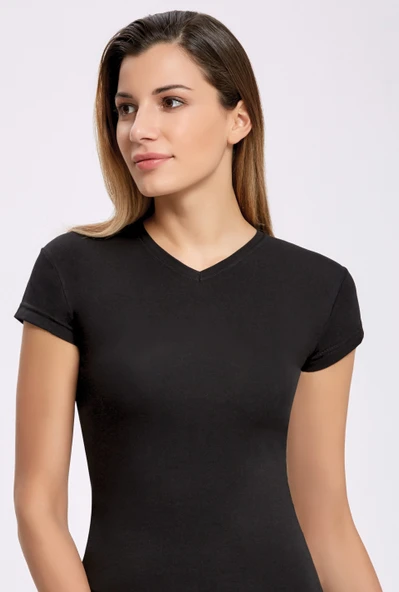 Kadın Likralı V Yaka Kadın T-shirt 10 Adet Siyah ürün görseli 1
