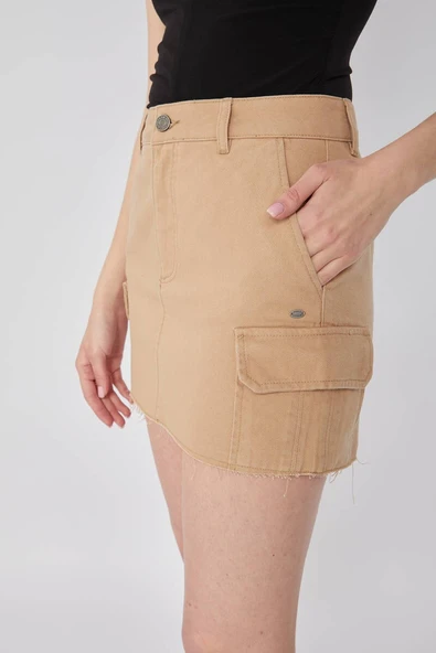 Kadın Kargo Cepli Jean Etek Camel - Resim 5