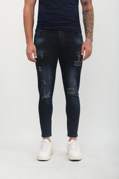 Erkek Skinny Fit  Destroy Lacivert - Resim 7