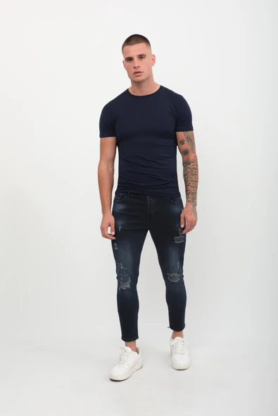 Erkek Skinny Fit  Destroy Lacivert - Resim 3