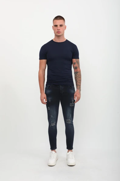 Erkek Skinny Fit  Destroy Lacivert - Resim 5