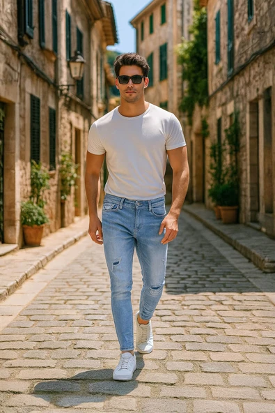 Erkek Skinny Fermuarlı Paça Detaylı Jean Açık Mavi ürün görseli 1