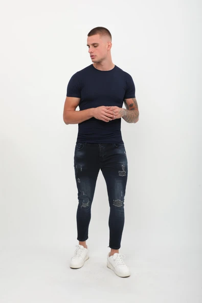 Erkek Skinny Fit  Destroy Lacivert - Resim 4