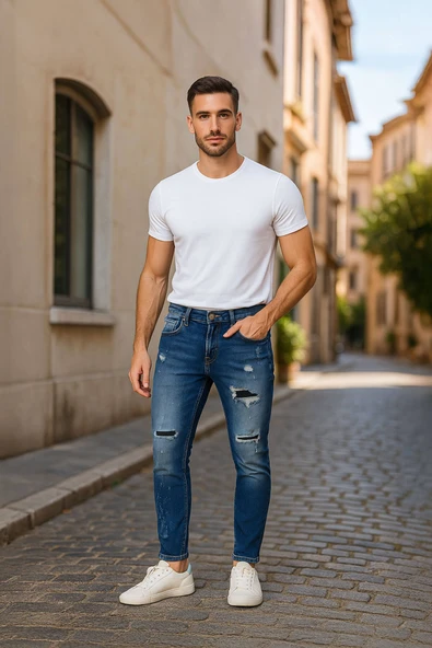 Erkek Skinny Ripped Patch Detaylı Jean Koyu Mavi ürün görseli 1
