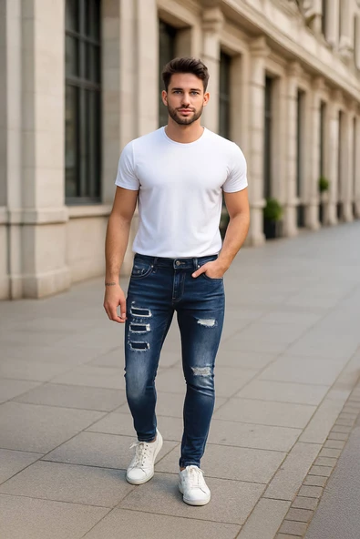 Erkek Skinny Fit  Destroy Koyu Mavi ürün görseli 1