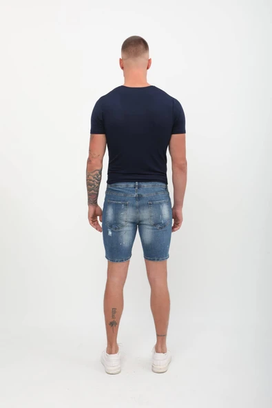 Erkek Boyalı Jean Kısa Şort Mavi - Resim 5