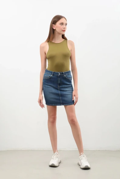 Kadın Koyu Mavi Mini Jean Etek - Resim 3