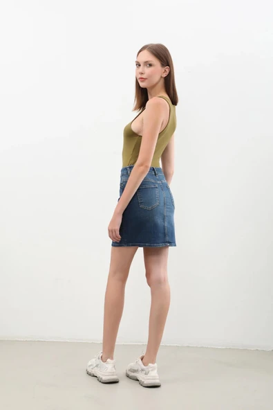 Kadın Koyu Mavi Mini Jean Etek - Resim 5