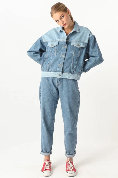 Kadın Renk Bloklu Oversize Jean Ceket Mavi - Resim 6