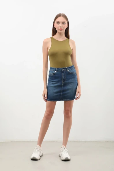 Kadın Koyu Mavi Mini Jean Etek - Resim 4