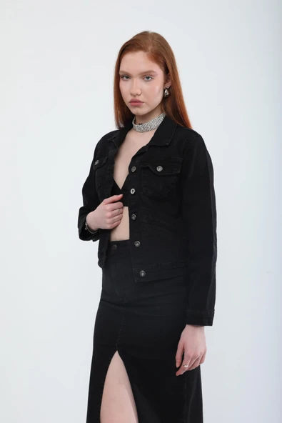 Kadın Cep Detaylı Slim Fit Jean Ceket Siyah ürün görseli 1