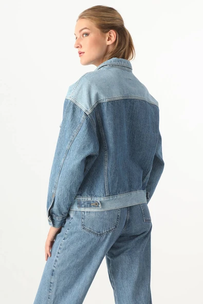 Kadın Renk Bloklu Oversize Jean Ceket Mavi - Resim 7
