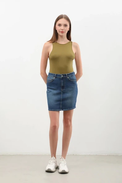 Kadın Koyu Mavi Mini Jean Etek - Resim 2
