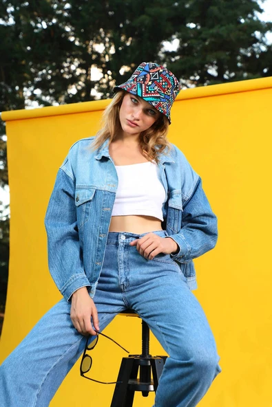 Kadın Renk Bloklu Oversize Jean Ceket Mavi - Resim 3
