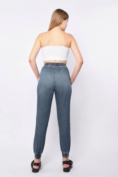 Kadın Lastikli Jogger Pantolon Mavi - Resim 5