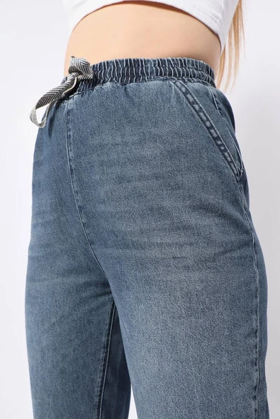 Kadın Lastikli Jogger Pantolon Mavi - Resim 6