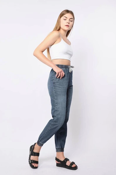 Kadın Lastikli Jogger Pantolon Mavi - Resim 4
