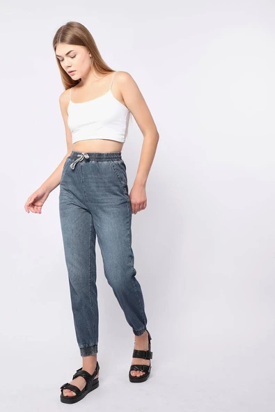 Kadın Lastikli Jogger Pantolon Mavi - Resim 3