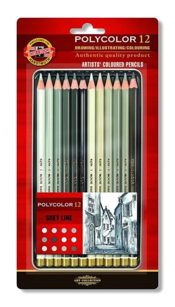Koh-i Noor Polycolor Artist Kuru Boya Kalemi 12 Renk GRİ TONLAR Metal Kutu ürün görseli 1
